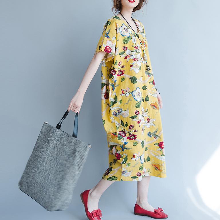 women yellow Midi linen dresses trendy plus size traveling clothing vintage back open floral cotton dresses - Omychic