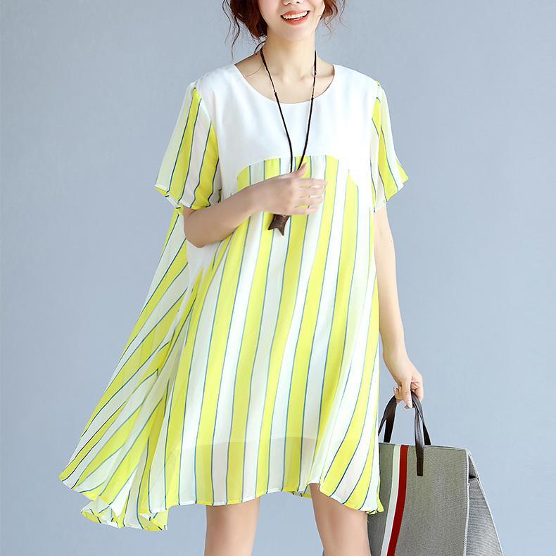 women yellow striped  chiffon dress oversized chiffon clothing dress boutique patchwork o neck chiffon clothing dresses - Omychic