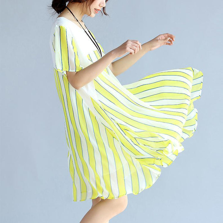 women yellow striped  chiffon dress oversized chiffon clothing dress boutique patchwork o neck chiffon clothing dresses - Omychic