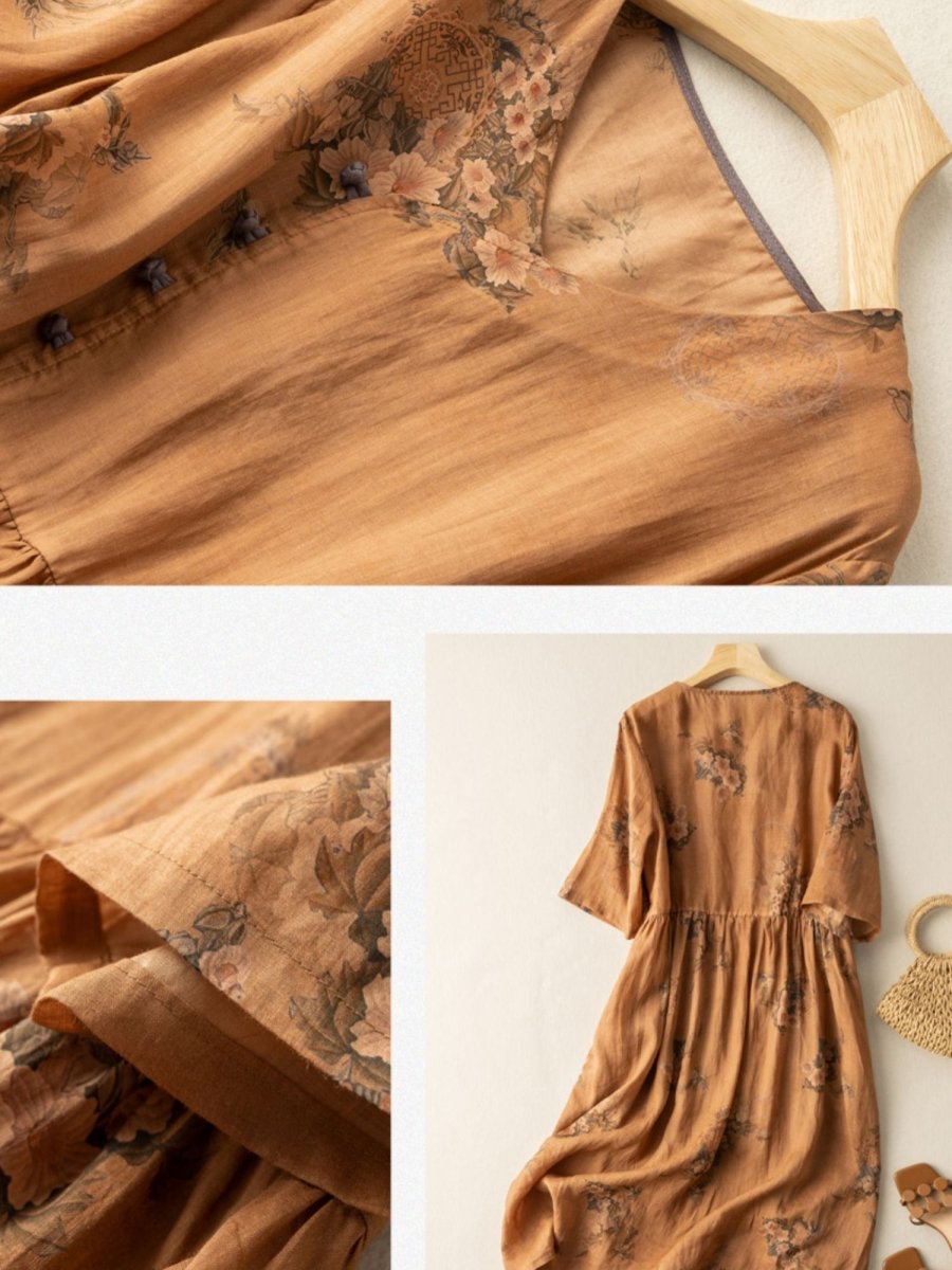 Women's Ramie Retro Flower Print Dress