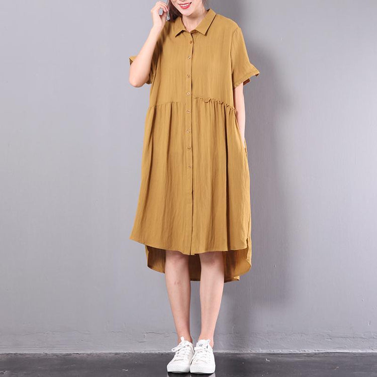 yellow casual cotton dresses plus size sundress short sleeve shirt dress - Omychic