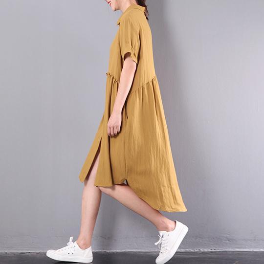 yellow casual cotton dresses plus size sundress short sleeve shirt dress - Omychic