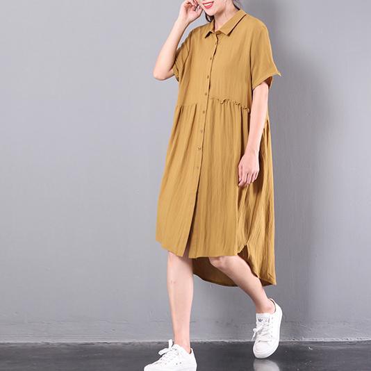 yellow casual cotton dresses plus size sundress short sleeve shirt dress - Omychic