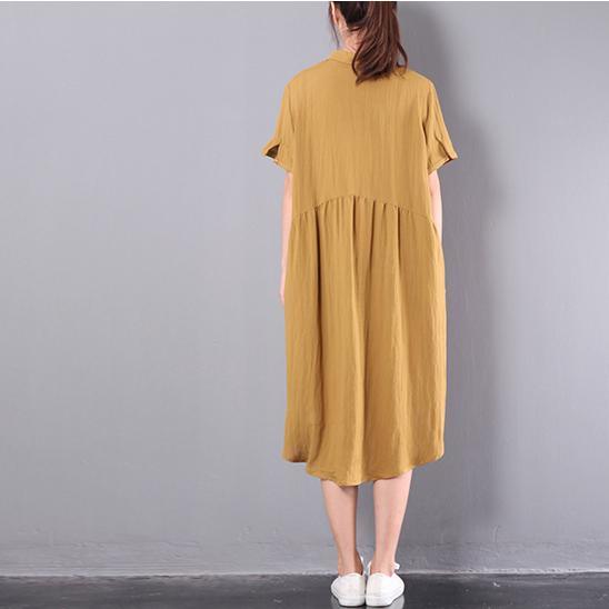 yellow casual cotton dresses plus size sundress short sleeve shirt dress - Omychic
