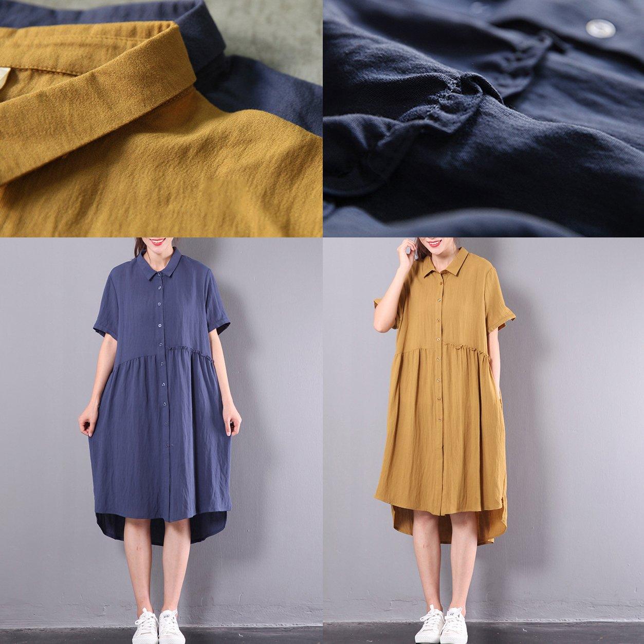 yellow casual cotton dresses plus size sundress short sleeve shirt dress - Omychic