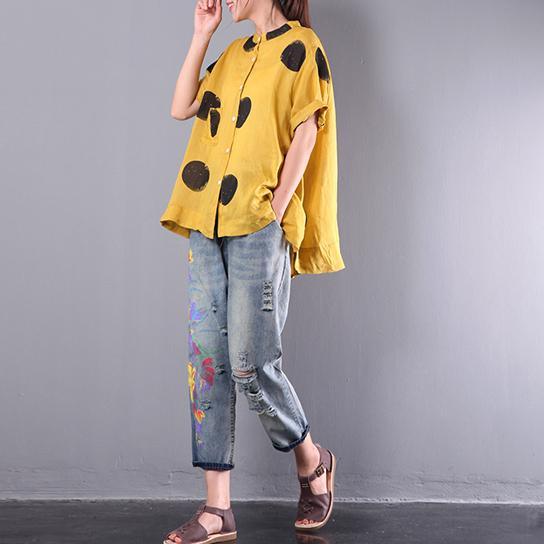 yellow casual summer linen tops plus size stylish blouse o neck shirts - Omychic