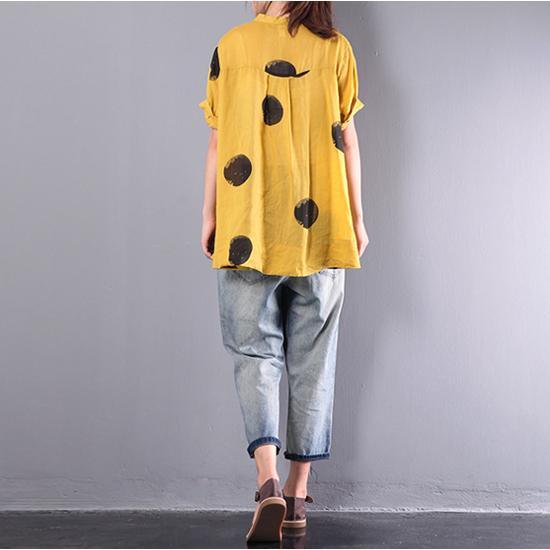 yellow casual summer linen tops plus size stylish blouse o neck shirts - Omychic