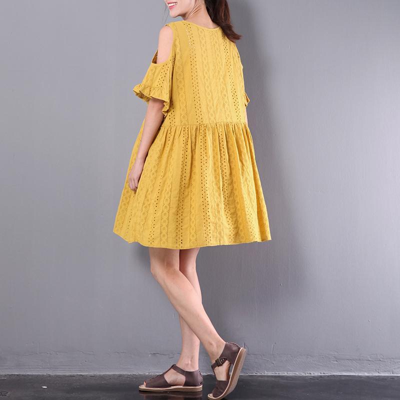 yellow casul hollow out cotton dresses oversize stylish sundress short sleeve cute mid dress - Omychic