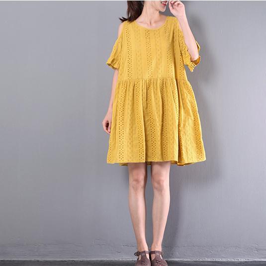 yellow casul hollow out cotton dresses oversize stylish sundress short sleeve cute mid dress - Omychic