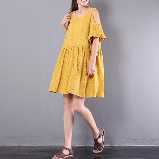 yellow casul hollow out cotton dresses oversize stylish sundress short sleeve cute mid dress - Omychic