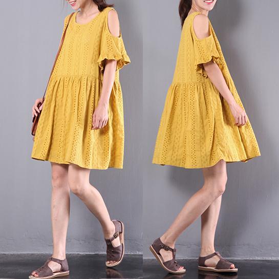 yellow casul hollow out cotton dresses oversize stylish sundress short sleeve cute mid dress - Omychic