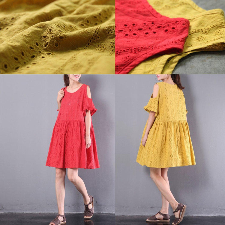 yellow casul hollow out cotton dresses oversize stylish sundress short sleeve cute mid dress - Omychic