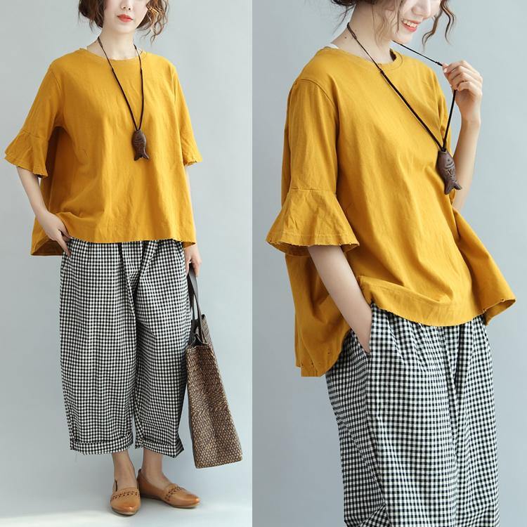 yellow cotton tops oversize casual o neck blouse - Omychic