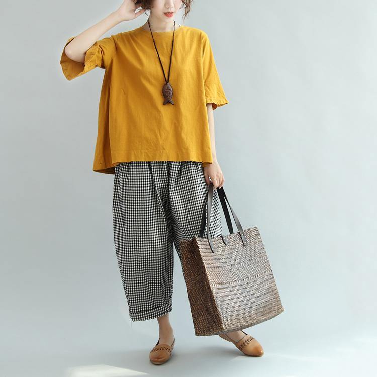 yellow cotton tops oversize casual o neck blouse - Omychic