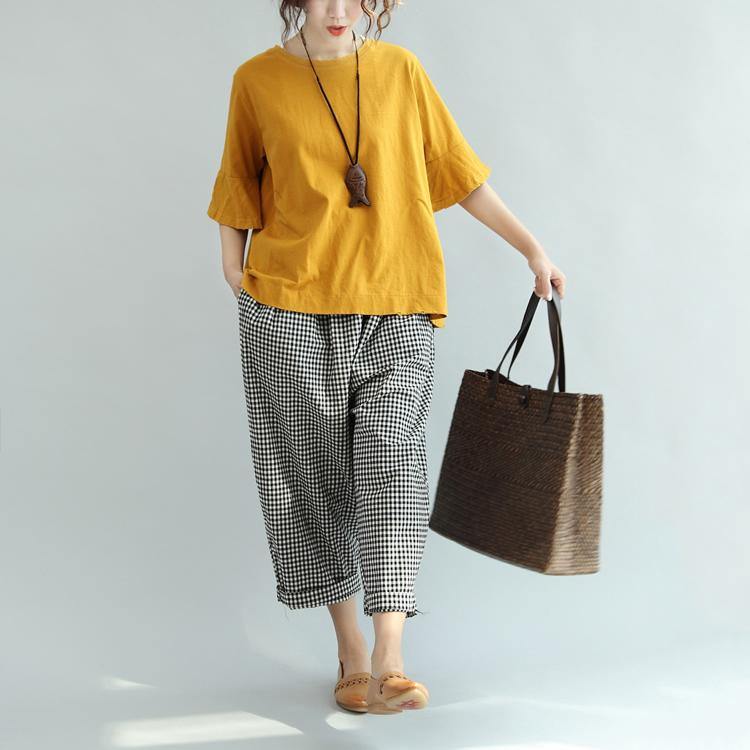 yellow cotton tops oversize casual o neck blouse - Omychic