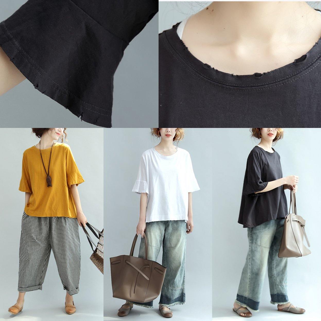 yellow cotton tops oversize casual o neck blouse - Omychic