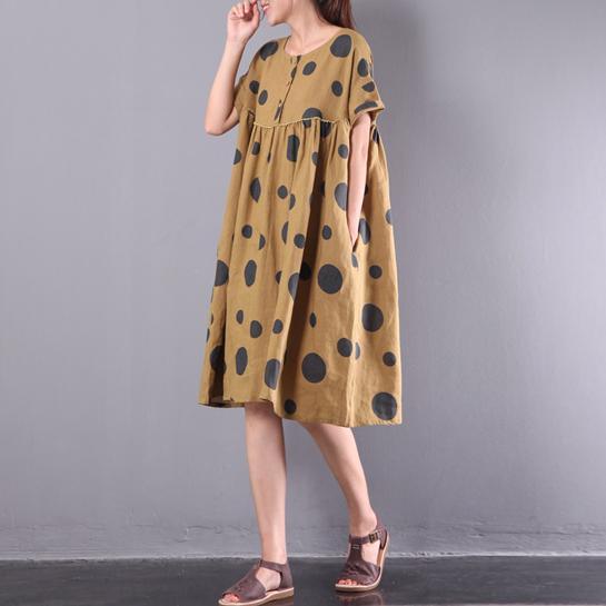 yellow dotted linen dresses wrinkled loose sundress short sleeve mid dress - Omychic