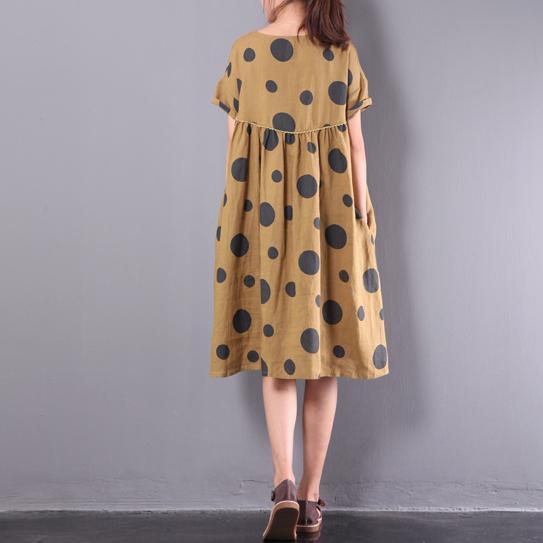 yellow dotted linen dresses wrinkled loose sundress short sleeve mid dress - Omychic