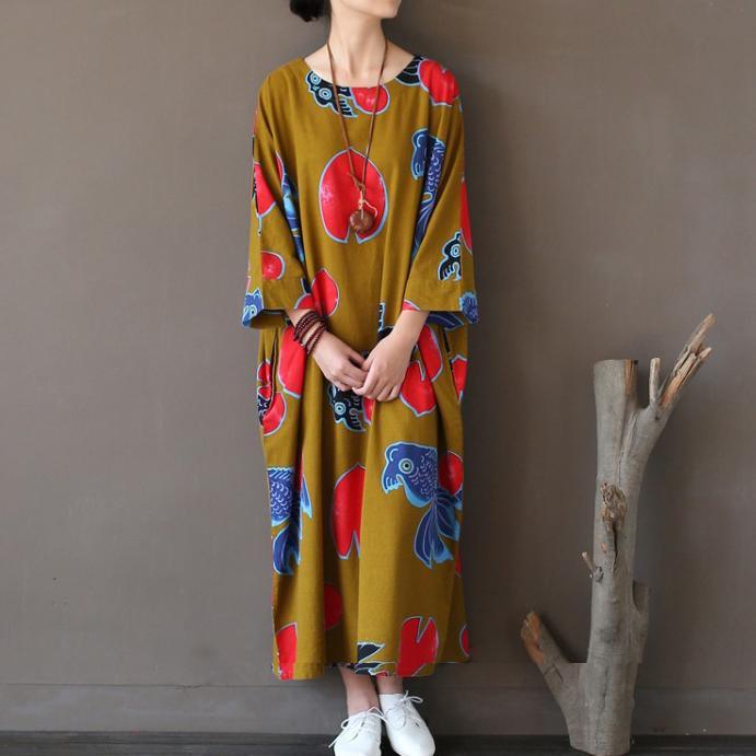 yellow floral casual linen dresses oversize o neck maxi dress - Omychic