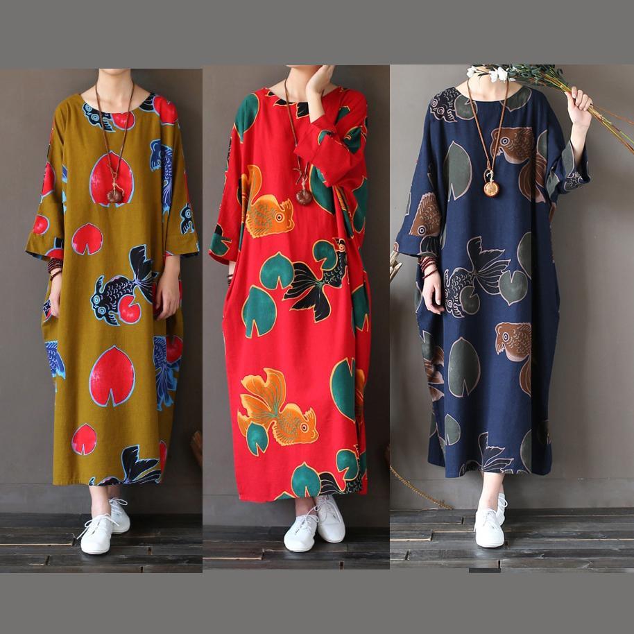 yellow floral casual linen dresses oversize o neck maxi dress - Omychic