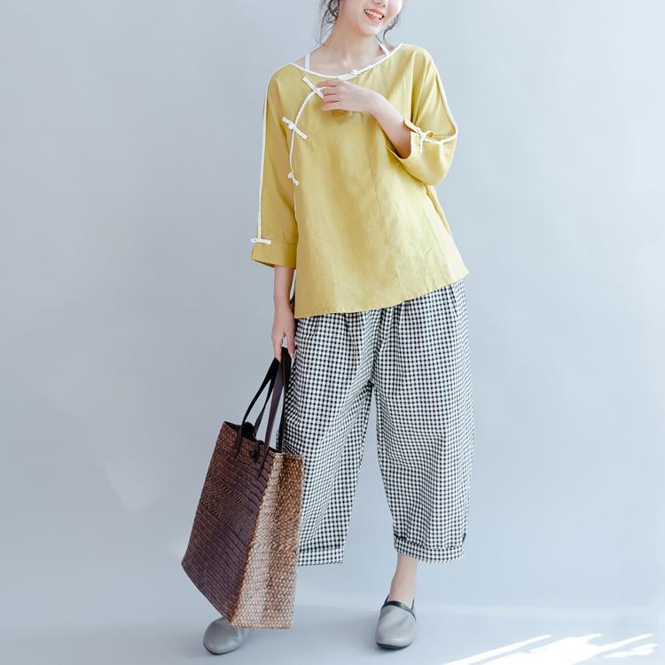 yellow linen casual blouse plus size vintage shirts mandarin long sleeve tops - Omychic