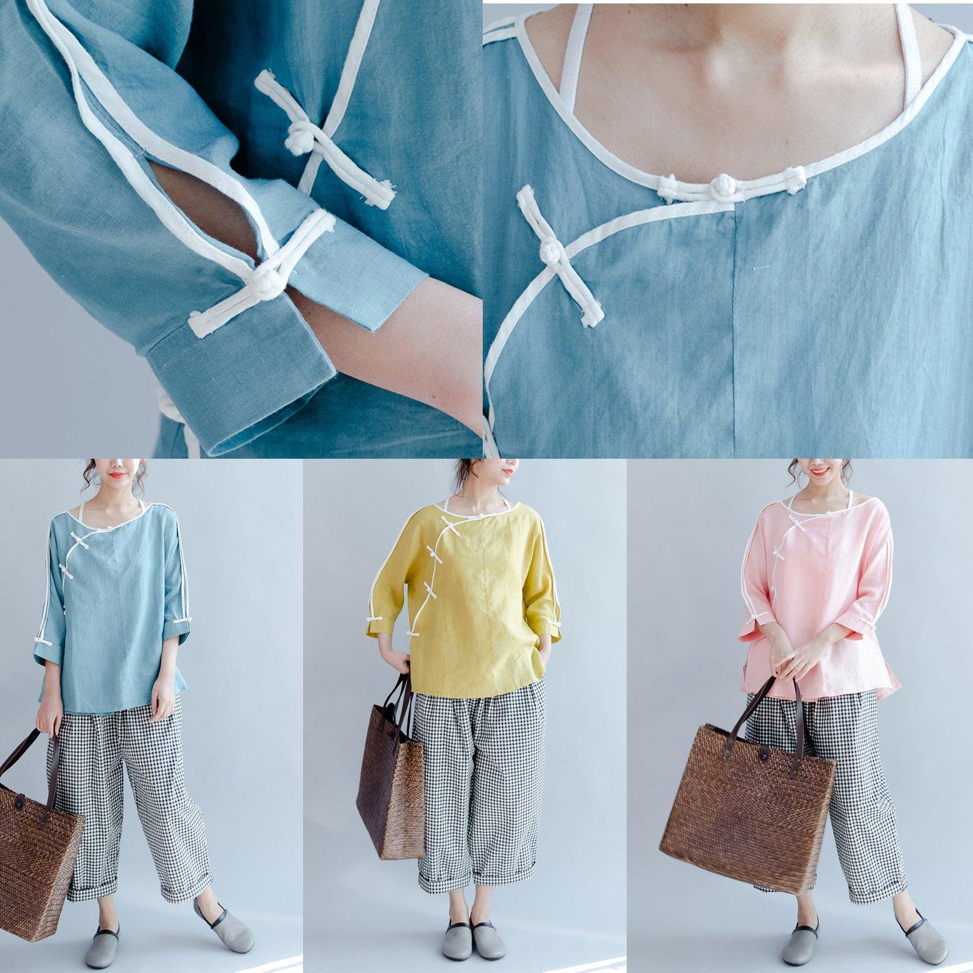 yellow linen casual blouse plus size vintage shirts mandarin long sleeve tops - Omychic