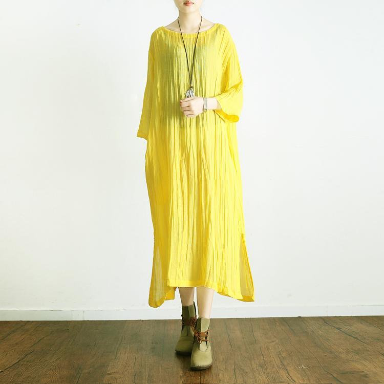 yellow linen dress casual plus size ruffles sundress bracelet sleeved maxi dress - Omychic