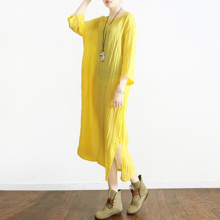 yellow linen dress casual plus size ruffles sundress bracelet sleeved maxi dress - Omychic