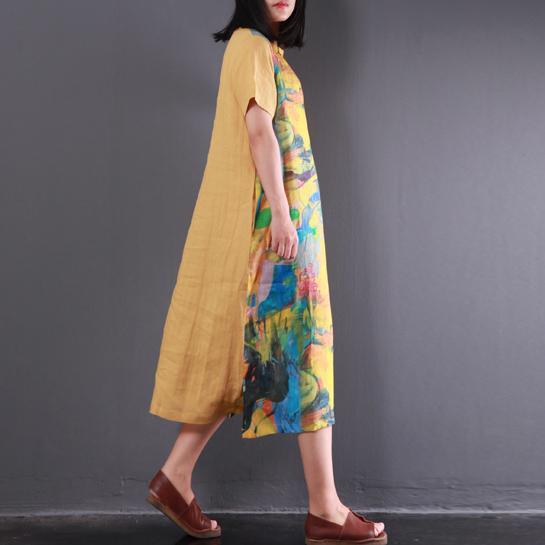 yellow print vintage linen dresses plus size casual sundress short sleeve maxi dress - Omychic