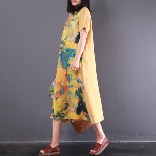 yellow print vintage linen dresses plus size casual sundress short sleeve maxi dress - Omychic