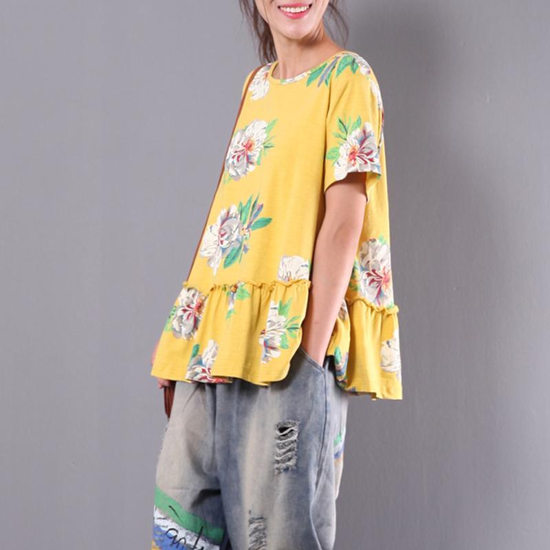yellow prints cotton blouse hem patchwork tops short sleeve wrinkled t shirt - Omychic