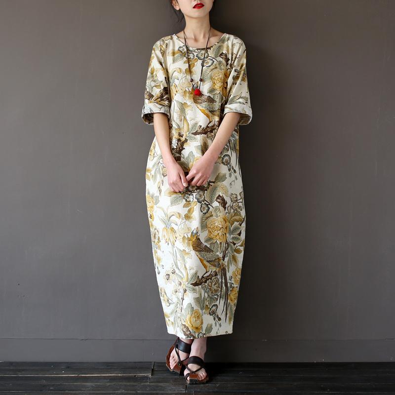yellow prints vintage cotton dresses plus size casual maxi dress back side open - Omychic
