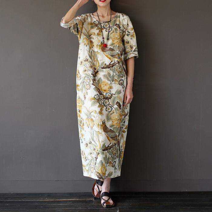 yellow prints vintage cotton dresses plus size casual maxi dress back side open - Omychic