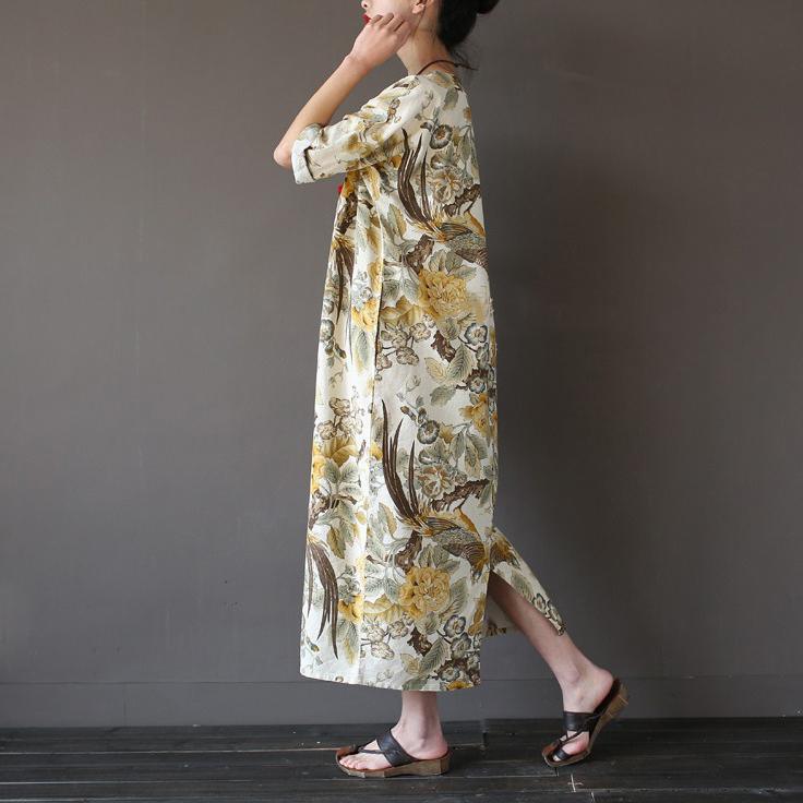 yellow prints vintage cotton dresses plus size casual maxi dress back side open - Omychic