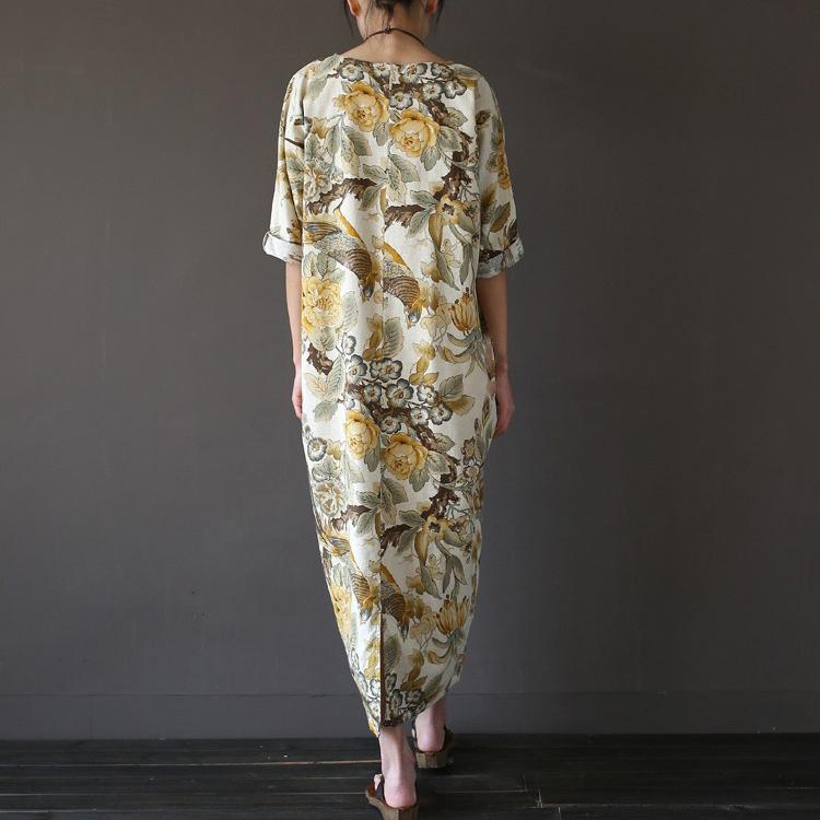 yellow prints vintage cotton dresses plus size casual maxi dress back side open - Omychic