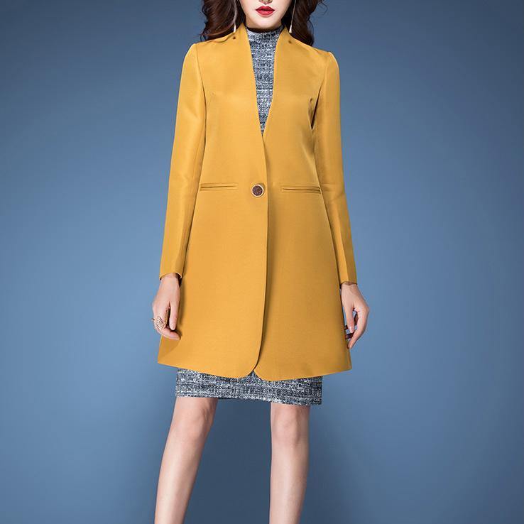 yellow solid color elegant cotton blended coats fashion long sleeve trench coats - Omychic