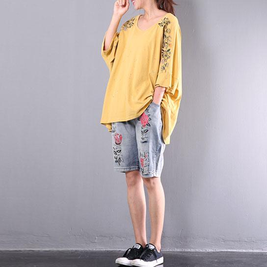 yellow vintage cotton pullover oversize embroidery blouse short sleeve t shirt - Omychic