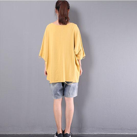 yellow vintage cotton pullover oversize embroidery blouse short sleeve t shirt - Omychic